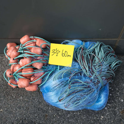 GILL NET L7 3-1/2" 25MD 60M - durable fishing net with mesh size and length labeled on a sticky note.