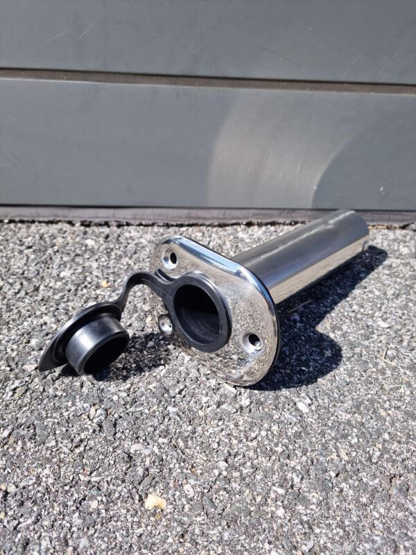 VERTICAL ROD HOLDER WITH CAP made of polished stainless steel with black rubber cap, ideal for fishing rods.