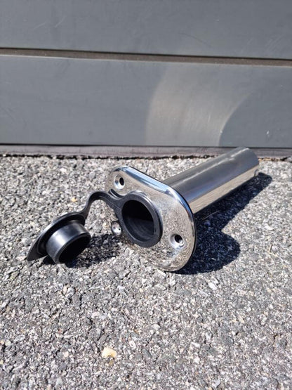 VERTICAL ROD HOLDER WITH CAP made of polished stainless steel with black rubber cap, ideal for fishing rods.