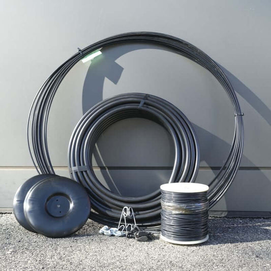 EZBuild SMALL Structure Kit components including black twine, wire, and accessories for orchard protection.