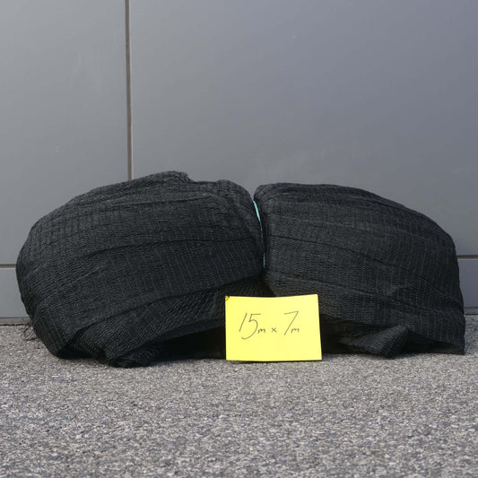 6 Ply Cut Netting 15m x 7m showing folded black bird netting with size label.