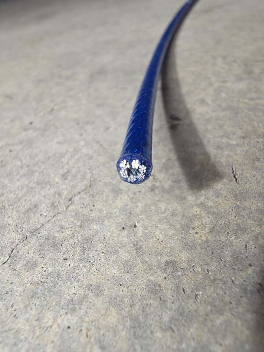WIRE CABLE PVC COATED BLUE X M showcasing a high tensile wire with a UV stabilised blue PVC coating.
